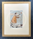 Meet the Mustards: Happy Days Are Here Again by Sam Toft, mounted miniature. A fun picture of a man juggling whilst he black and white dog carries his juggling balls. Framed in Oak