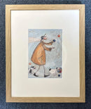 Meet the Mustards: Happy Days Are Here Again by Sam Toft, mounted miniature. A fun picture of a man juggling whilst he black and white dog carries his juggling balls. Framed in Oak