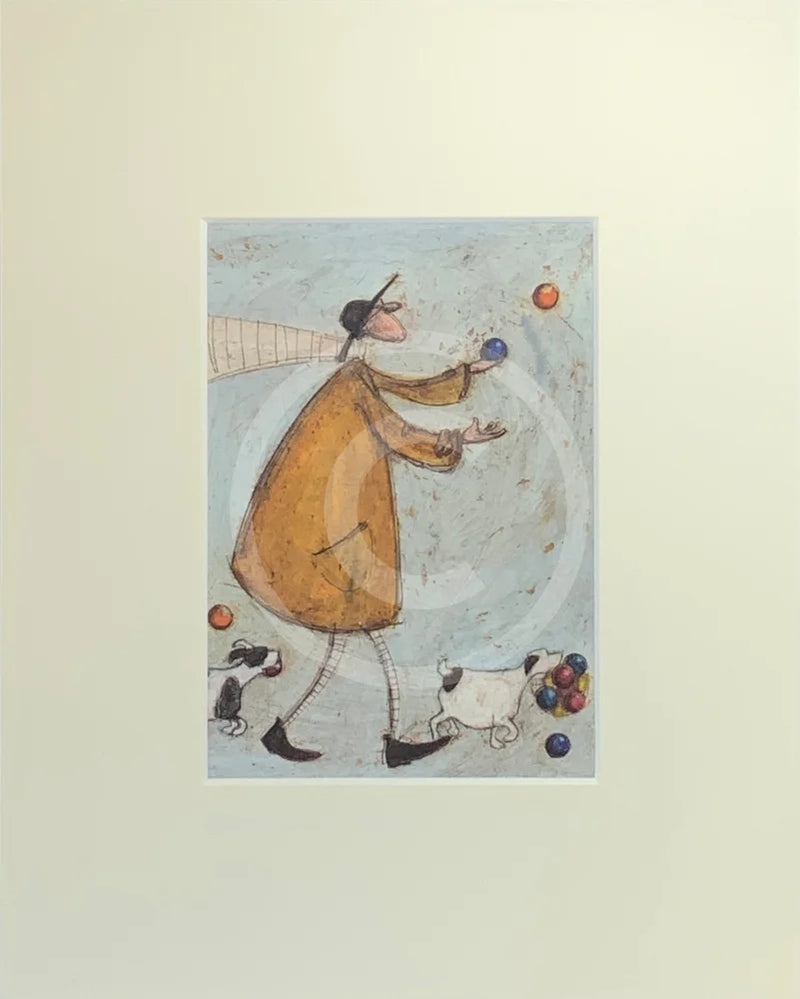 Meet the Mustards: Happy Days Are Here Again by Sam Toft, mounted miniature. A fun picture of a man juggling whilst he black and white dog carries his juggling balls.