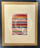 Meet the Mustards: His Masters Voice by Sam Toft, mounted miniature. A white dog with black ears sits with its head up. The background features striking horizontal colourful stripes.  Framed in Oak