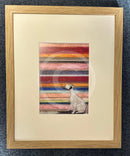 Meet the Mustards: His Masters Voice by Sam Toft, mounted miniature. A white dog with black ears sits with its head up. The background features striking horizontal colourful stripes.  Framed in Oak