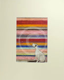 Meet the Mustards: His Masters Voice by Sam Toft, mounted miniature. A white dog with black ears sits with its head up. The background features striking horizontal colourful stripes. 