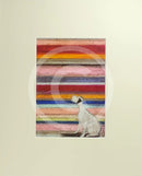 Meet the Mustards: His Masters Voice by Sam Toft, mounted miniature. A white dog with black ears sits with its head up. The background features striking horizontal colourful stripes. 