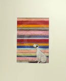Meet the Mustards: His Masters Voice by Sam Toft, mounted miniature. A white dog with black ears sits with its head up. The background features striking horizontal colourful stripes. 