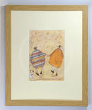 Meet the Mustards: Holding Hands Just Like We Used To by Sam Toft, mounted miniature. A couple holding hands shown from the back walking a black and white dog. Framed in oak.