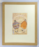 Meet the Mustards: Holding Hands Just Like We Used To by Sam Toft, mounted miniature. A couple holding hands shown from the back walking a black and white dog. Framed in oak.