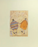 Meet the Mustards: Holding Hands Just Like We Used To by Sam Toft, mounted miniature. A couple holding hands shown from the back walking a black and white dog. 