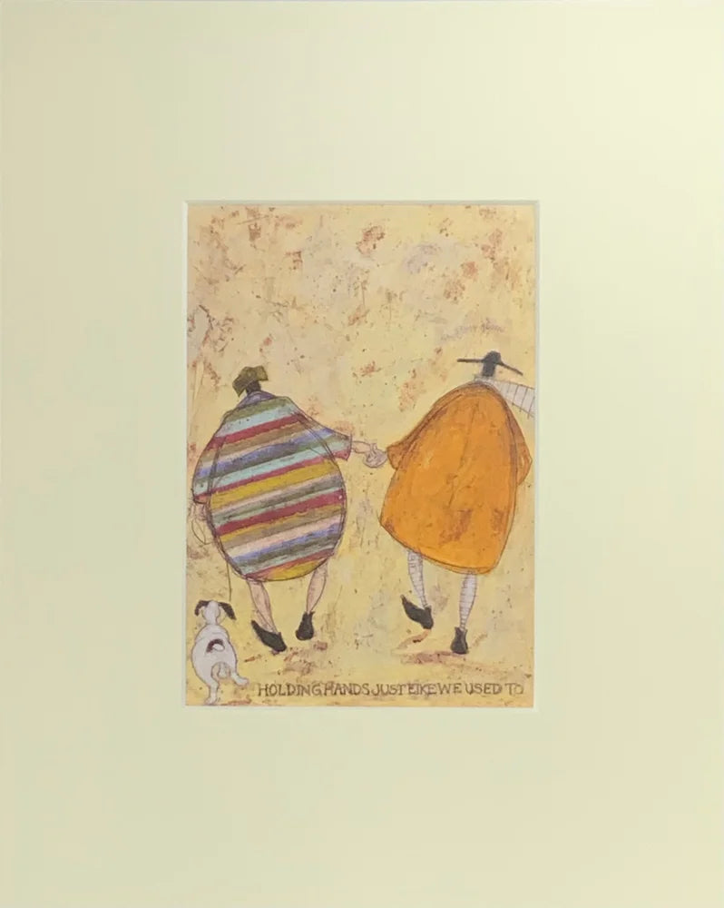 Meet the Mustards: Holding Hands Just Like We Used To by Sam Toft, mounted miniature. A couple holding hands shown from the back walking a black and white dog. 
