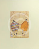 Meet the Mustards: Holding Hands Just Like We Used To by Sam Toft, mounted miniature. A couple holding hands shown from the back walking a black and white dog. 