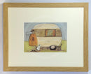 Meet the Mustards: Home from Home by Sam Toft, mounted miniature. A man and a black and white dog stand outside an old style caravan. Framed in oak.