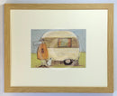Meet the Mustards: Home from Home by Sam Toft, mounted miniature. A man and a black and white dog stand outside an old style caravan. Framed in oak.