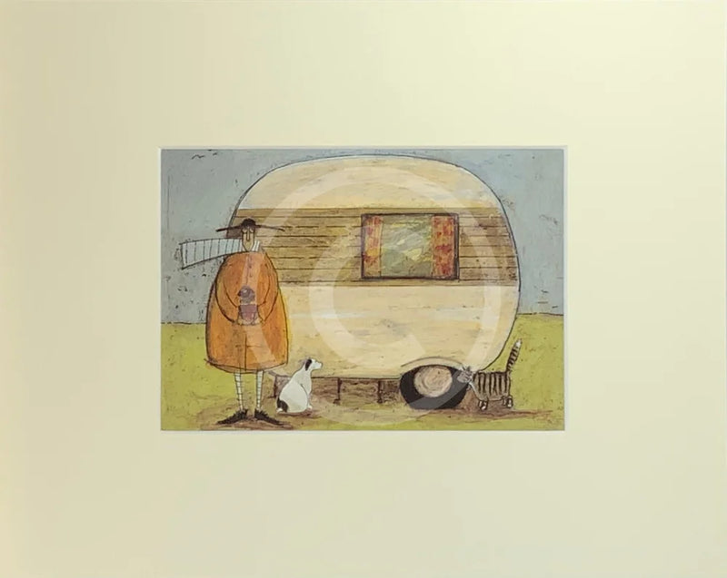 Meet the Mustards: Home from Home by Sam Toft, mounted miniature. A man and a black and white dog stand outside an old style caravan.