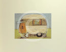 Meet the Mustards: Home from Home by Sam Toft, mounted miniature. A man and a black and white dog stand outside an old style caravan.