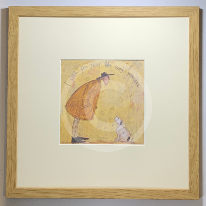 Meet the Mustards: I Love You Just the Way You Are by Sam Toft, mounted miniature print. A picture of man looking down at his beloved black and white dog. Framed in oak.