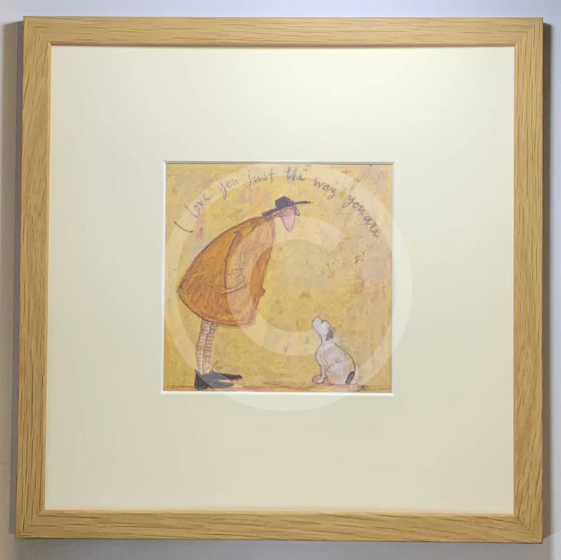 Meet the Mustards: I Love You Just the Way You Are by Sam Toft, mounted miniature print. A picture of man looking down at his beloved black and white dog. Framed in oak.