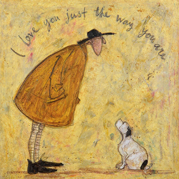 Meet the Mustards: I Love You Just the Way You Are by Sam Toft, mounted miniature print. A picture of man looking down at his beloved black and white dog. 