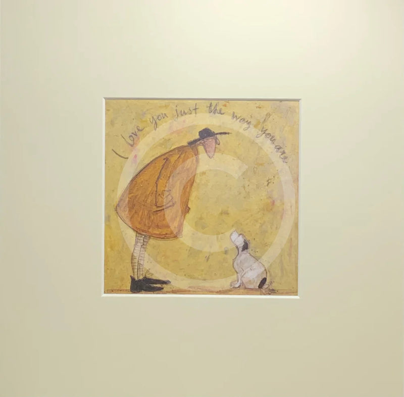 Meet the Mustards: I Love You Just the Way You Are by Sam Toft, mounted miniature print. A picture of man looking down at his beloved black and white dog. 