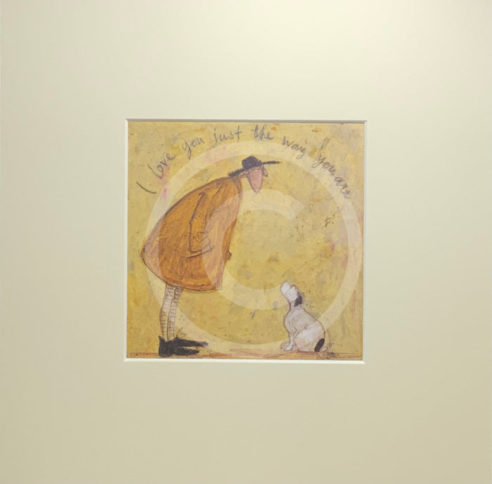 Meet the Mustards: I Love You Just the Way You Are by Sam Toft, mounted miniature print. A picture of man looking down at his beloved black and white dog. 