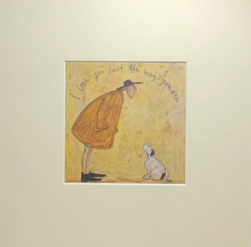 Meet the Mustards: I Love You Just the Way You Are by Sam Toft, mounted miniature print. A picture of man looking down at his beloved black and white dog. 