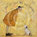 Meet the Mustards: I Love You Just the Way You Are by Sam Toft, mounted miniature print. A picture of man looking down at his beloved black and white dog. 
