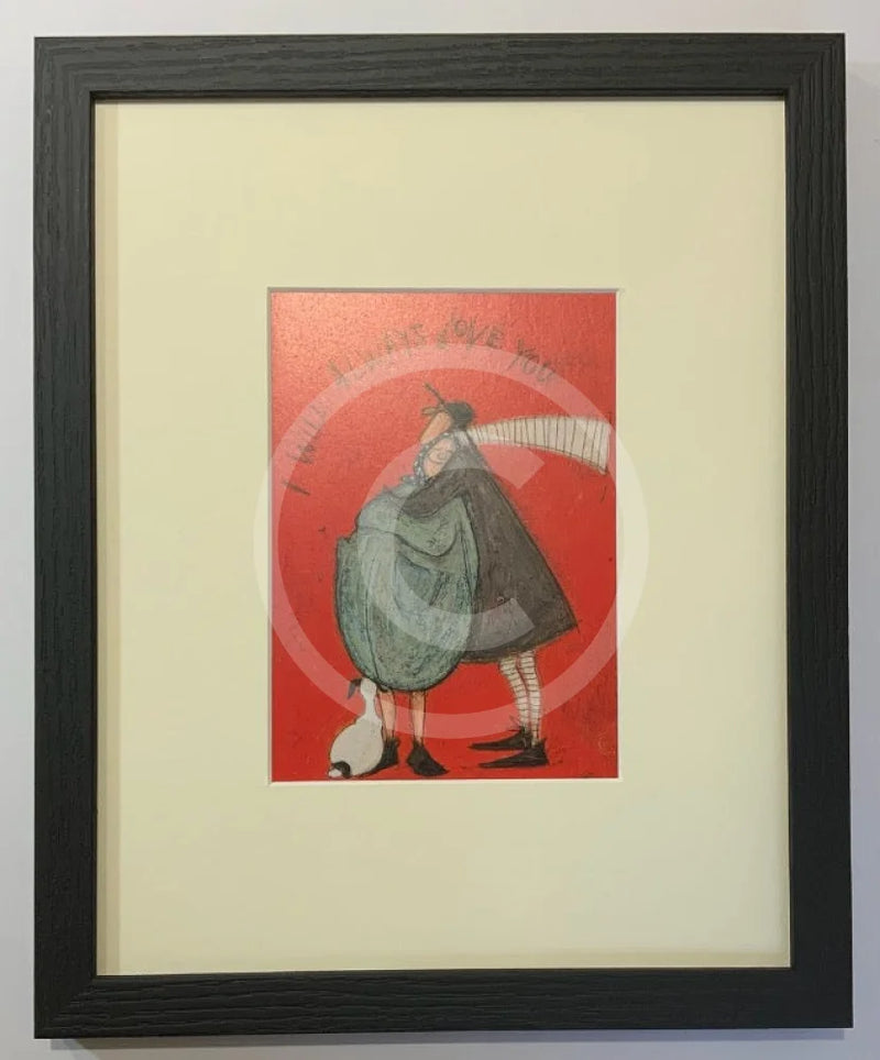 Meet the Mustards: I Will Always Love You by Sam Toft, mounted miniature. A couple have a cuddle whilst their black and white dog looks on. Framed in black.