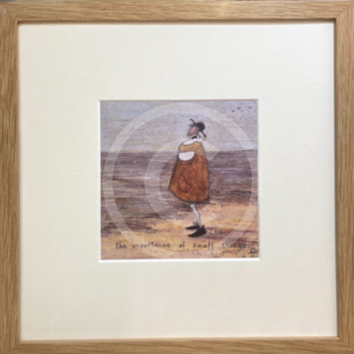 Meet the Mustards: The Importance of Small Things by Sam Toft, mounted miniature print. A thoughtful picture of a man called Mr Mustard stood on the beach looking out sea whilst holding on to his black and white dog Doris. Framed in oak.