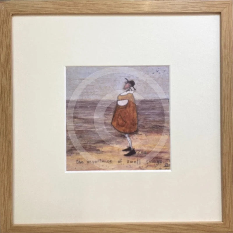 Meet the Mustards: The Importance of Small Things by Sam Toft, mounted miniature print. A thoughtful picture of a man called Mr Mustard stood on the beach looking out sea whilst holding on to his black and white dog Doris. Framed in oak.