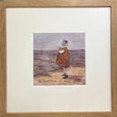 Meet the Mustards: The Importance of Small Things by Sam Toft, mounted miniature print. A thoughtful picture of a man called Mr Mustard stood on the beach looking out sea whilst holding on to his black and white dog Doris. Framed in oak.