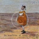 Meet the Mustards: The Importance of Small Things by Sam Toft, mounted miniature print. A thoughtful picture of a man called Mr Mustard stood on the beach looking out sea whilst holding on to his black and white dog Doris. 