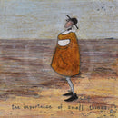 Meet the Mustards: The Importance of Small Things by Sam Toft, mounted miniature print. A thoughtful picture of a man called Mr Mustard stood on the beach looking out sea whilst holding on to his black and white dog Doris. 