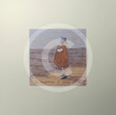 Meet the Mustards: The Importance of Small Things by Sam Toft, mounted miniature print. A thoughtful picture of a man called Mr Mustard stood on the beach looking out sea whilst holding on to his black and white dog Doris. 