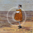 Meet the Mustards: The Importance of Small Things by Sam Toft, mounted miniature print. A thoughtful picture of a man called Mr Mustard stood on the beach looking out sea whilst holding on to his black and white dog Doris. 