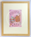 Meet the Mustards: In The Pink by Sam Toft, mounted miniature. A couple skipping arm in arm holding an ice cream followed by a dog and a cat. Framed in oak.