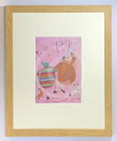 Meet the Mustards: In The Pink by Sam Toft, mounted miniature. A couple skipping arm in arm holding an ice cream followed by a dog and a cat. Framed in oak.