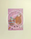 Meet the Mustards: In The Pink by Sam Toft, mounted miniature. A couple skipping arm in arm holding an ice cream followed by a dog and a cat.