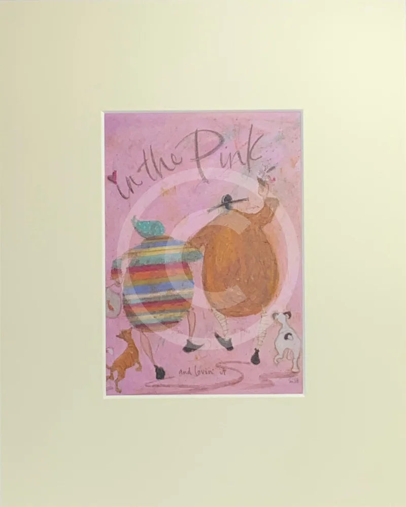 Meet the Mustards: In The Pink by Sam Toft, mounted miniature. A couple skipping arm in arm holding an ice cream followed by a dog and a cat.