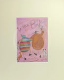 Meet the Mustards: In The Pink by Sam Toft, mounted miniature. A couple skipping arm in arm holding an ice cream followed by a dog and a cat.