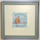 Meet the Mustards: Just the Two of Us, You & I by Sam Toft, mounted miniature print. A man and his dog sit in a moment’s reflection. Framed in Nordic Blue.