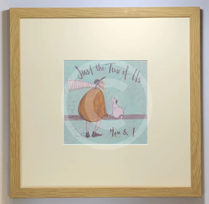 Meet the Mustards: Just the Two of Us, You & I by Sam Toft, mounted miniature print. A man and his dog sit in a moment’s reflection. Framed in oak.