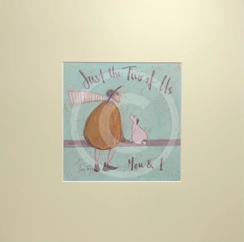 Meet the Mustards: Just the Two of Us, You & I by Sam Toft, mounted miniature print. A man and his dog sit in a moment’s reflection. 