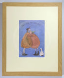 Meet the Mustards: Last Hug of the Day by Sam Toft, mounted miniature. A couple having a hug whilst their black and white dog looks on. Framed in oak.