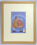 Meet the Mustards: Last Hug of the Day by Sam Toft, mounted miniature. A couple having a hug whilst their black and white dog looks on. Framed in oak.