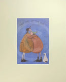 Meet the Mustards: Last Hug of the Day by Sam Toft, mounted miniature. A couple having a hug whilst their black and white dog looks on.