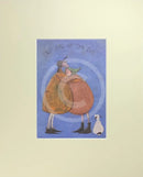 Meet the Mustards: Last Hug of the Day by Sam Toft, mounted miniature. A couple having a hug whilst their black and white dog looks on.