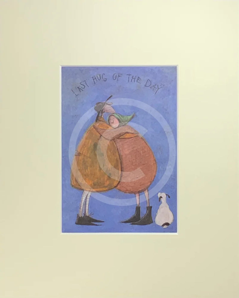 Meet the Mustards: Last Hug of the Day by Sam Toft, mounted miniature. A couple having a hug whilst their black and white dog looks on.