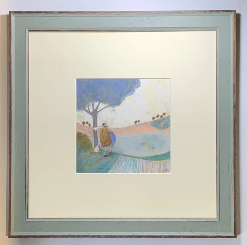 Meet the Mustards: Look How Far We've Come by Sam Toft, mounted miniature print. Ernest and his good lady Violet have been on a stroll, over the hills and far away. It's time for a rest and a hug under a blue tree, with the ever faithful Doris the dog at their feet. Framed in Nordic Blue.