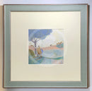 Meet the Mustards: Look How Far We've Come by Sam Toft, mounted miniature print. Ernest and his good lady Violet have been on a stroll, over the hills and far away. It's time for a rest and a hug under a blue tree, with the ever faithful Doris the dog at their feet. Framed in Nordic Blue.