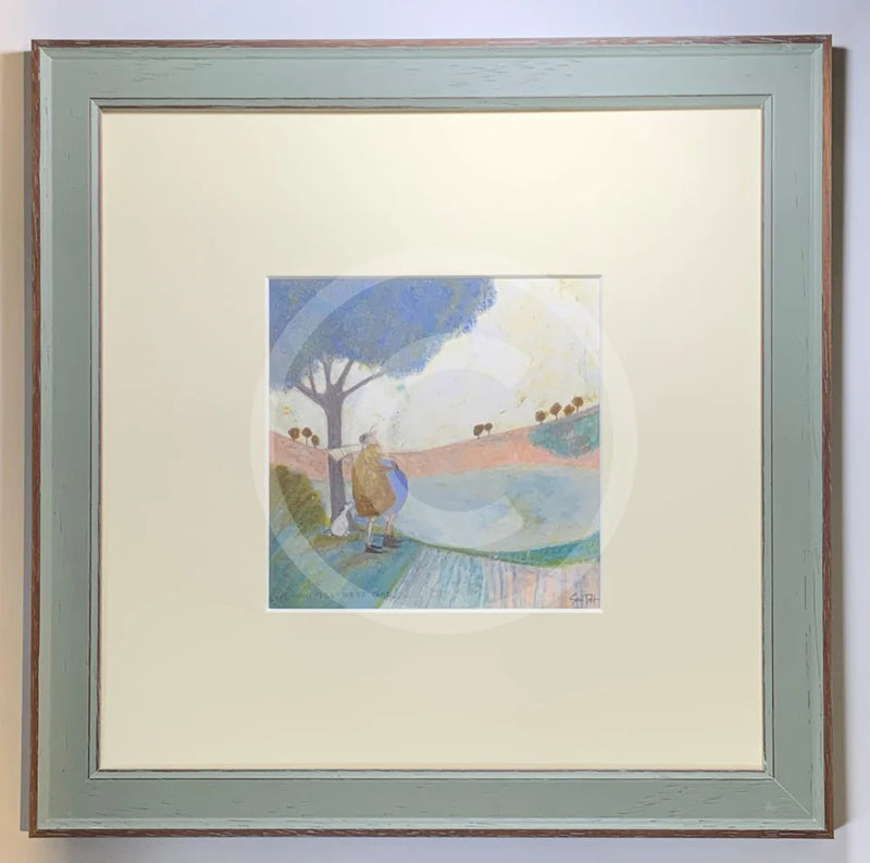 Meet the Mustards: Look How Far We've Come by Sam Toft, mounted miniature print. Ernest and his good lady Violet have been on a stroll, over the hills and far away. It's time for a rest and a hug under a blue tree, with the ever faithful Doris the dog at their feet. Framed in Nordic Blue.