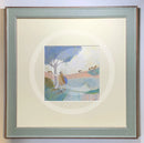 Meet the Mustards: Look How Far We've Come by Sam Toft, mounted miniature print. Ernest and his good lady Violet have been on a stroll, over the hills and far away. It's time for a rest and a hug under a blue tree, with the ever faithful Doris the dog at their feet. Framed in Nordic Blue.