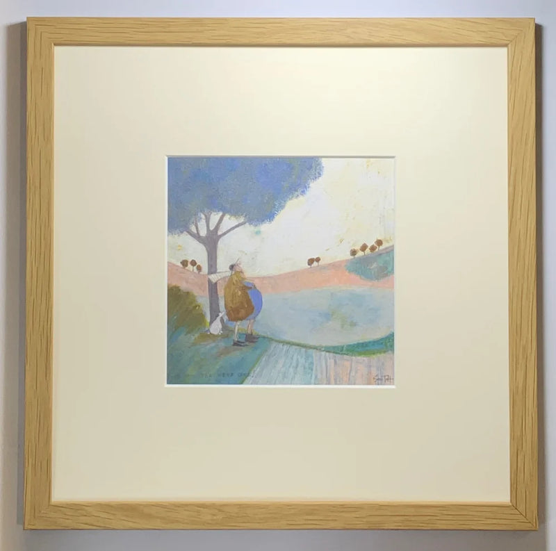Meet the Mustards: Look How Far We've Come by Sam Toft, mounted miniature print. Ernest and his good lady Violet have been on a stroll, over the hills and far away. It's time for a rest and a hug under a blue tree, with the ever faithful Doris the dog at their feet. Framed in oak.
